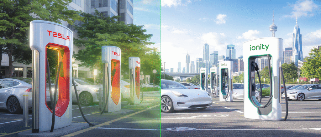 découvrez le comparatif complet entre le réseau de bornes publiques ionity et les superchargers tesla : couverture, tarifs, rapidité de charge et accessibilité pour choisir la meilleure solution pour votre voiture électrique.