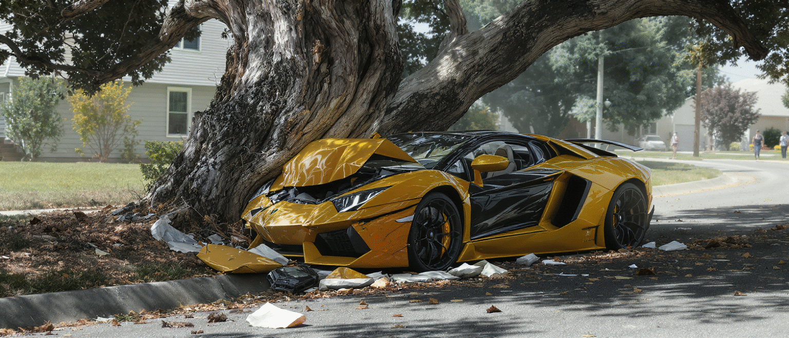 un influenceur détruit sa lamborghini d'une valeur de 300 000 € en percutant un arbre. découvrez les détails de cet accident spectaculaire qui a réduit la supercar en épave.