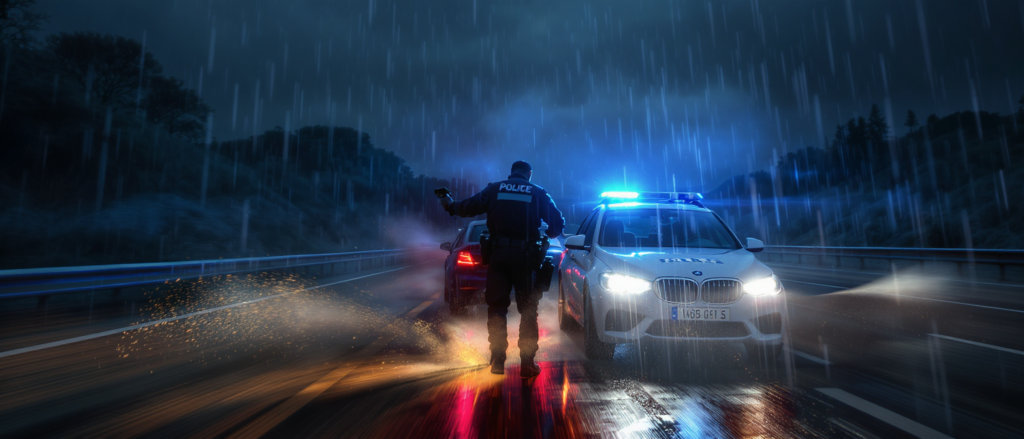 sous une pluie battante et des vents à 178 km/h, les gendarmes font preuve de détermination pour intercepter l'alpine a110 dans des conditions extrêmes.