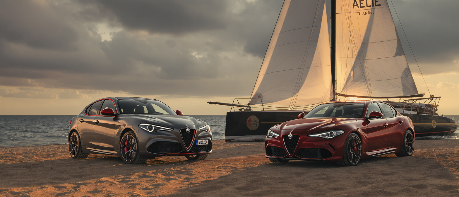 alfa romeo hisse les couleurs de luna rossa sur toute sa gamme, du junior au stelvio, avec une série spéciale inspirée de l’univers nautique.